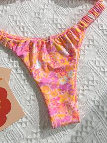SHEIN Swim 女士随机印花荷叶边吊带高开叉性感比基尼套装，夏季 - 彩色 - 查看 4