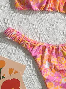 SHEIN Swim 女士随机印花荷叶边吊带高开叉性感比基尼套装，夏季 - 彩色 - 查看 5