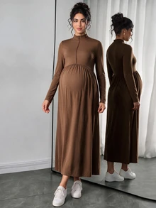 Momance Maternity Coffee Brown High Neck Long Knit Dress, Elegant Maternity Autumn Date Photoshoot Evening Style Fall - Coffee - View 2