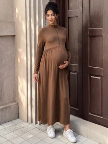 Momance Maternity Coffee Brown High Neck Long Knit Dress, Elegant Maternity Autumn Date Photoshoot Evening Style Fall - Coffee - View 4