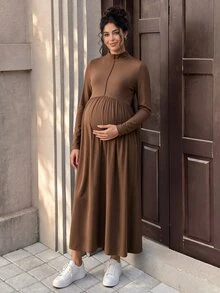 Momance Maternity Coffee Brown High Neck Long Knit Dress, Elegant Maternity Autumn Date Photoshoot Evening Style Fall - Coffee - View 6