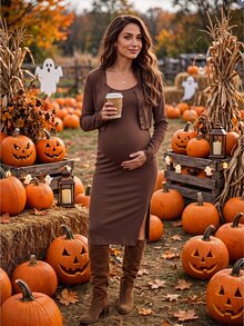Momance Maternity Brown Knit Cardigan Button Front Split Hem Cami Dress 2pcs Set Morning Breastfeeding Summer Casual Elegant Fall - Brown - View 1