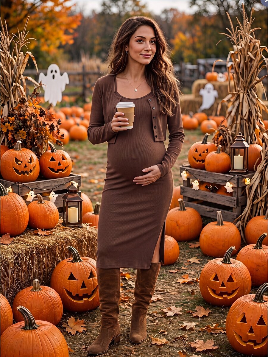 Momance Maternity Brown Knit Cardigan Button Front Split Hem Cami Dress 2pcs Set Morning Breastfeeding Summer Casual Elegant Fall - Brown - View 1