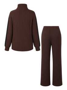 SHEIN Maternity Brown Regular Daily Top And Pants 2 Pieces Set Fall Photoshoot Formal Black Casual Baggy - Rust Brown - View 5
