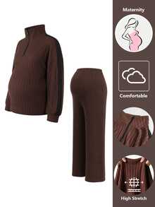 SHEIN Maternity Brown Regular Daily Top And Pants 2 Pieces Set Fall Photoshoot Formal Black Casual Baggy - Rust Brown - View 11