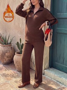 SHEIN Maternity Brown Regular Daily Top And Pants 2 Pieces Set Fall Photoshoot Formal Black Casual Baggy - Rust Brown - View 12