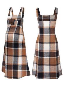 SHEIN Plaid Casual Daily Summer Maternity Pinafore Dress - Coffee Brown - View 8