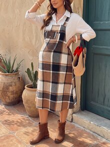 SHEIN Plaid Casual Daily Summer Maternity Pinafore Dress - Coffee Brown - View 7