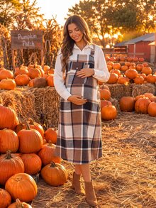 SHEIN Plaid Casual Daily Summer Maternity Pinafore Dress - Coffee Brown - View 1