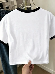 Teen Girls' Casual Stylish Minimalist NYC Letter Print Contrast Trim Short Sleeve Round Neck T-Shirt, Suitable For Outings In Summer - Multicolor - View 2