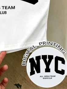 Teen Girls' Casual Stylish Minimalist NYC Letter Print Contrast Trim Short Sleeve Round Neck T-Shirt, Suitable For Outings In Summer - Multicolor - View 5