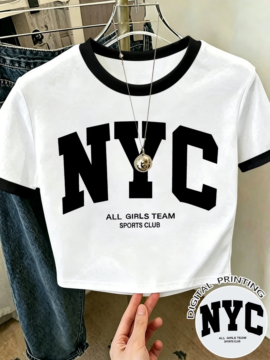 Teen Girls' Casual Stylish Minimalist NYC Letter Print Contrast Trim Short Sleeve Round Neck T-Shirt, Suitable For Outings In Summer - Multicolor - View 1