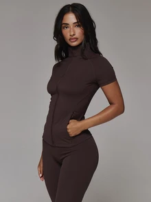 Musera Sport Zip Through High Neck Short Sleeve Logo Back Fitted BBL Active Jacket Sport Essentials Basics Gym Workout Autumn Fall Winter - Coffee Brown - View 4