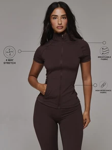 Musera Sport Zip Through High Neck Short Sleeve Logo Back Fitted BBL Active Jacket Sport Essentials Basics Gym Workout Autumn Fall Winter - Coffee Brown - View 1