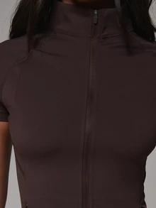 Musera Sport Zip Through High Neck Short Sleeve Logo Back Fitted BBL Active Jacket Sport Essentials Basics Gym Workout Autumn Fall Winter - Coffee Brown - View 6