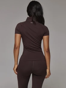 Musera Sport Zip Through High Neck Short Sleeve Logo Back Fitted BBL Active Jacket Sport Essentials Basics Gym Workout Autumn Fall Winter - Coffee Brown - View 5