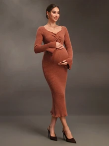SHEIN Gaun Rajut Hamil dengan Tali Serut dan Ruffle di Bagian Depan, Cocok untuk Pemotretan Thanksgiving, Bisnis, Warna Cokelat, Musim Gugur, Kasual, dan Seksi - Burnt Orange - View 5