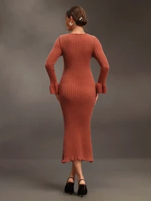 SHEIN Gaun Rajut Hamil dengan Tali Serut dan Ruffle di Bagian Depan, Cocok untuk Pemotretan Thanksgiving, Bisnis, Warna Cokelat, Musim Gugur, Kasual, dan Seksi - Burnt Orange - View 3
