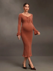 SHEIN Gaun Rajut Hamil dengan Tali Serut dan Ruffle di Bagian Depan, Cocok untuk Pemotretan Thanksgiving, Bisnis, Warna Cokelat, Musim Gugur, Kasual, dan Seksi - Burnt Orange - View 7