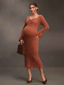 SHEIN Gaun Rajut Hamil dengan Tali Serut dan Ruffle di Bagian Depan, Cocok untuk Pemotretan Thanksgiving, Bisnis, Warna Cokelat, Musim Gugur, Kasual, dan Seksi - Burnt Orange - View 6