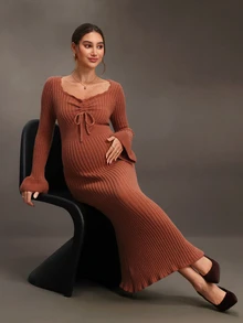 SHEIN Gaun Rajut Hamil dengan Tali Serut dan Ruffle di Bagian Depan, Cocok untuk Pemotretan Thanksgiving, Bisnis, Warna Cokelat, Musim Gugur, Kasual, dan Seksi - Burnt Orange - View 8