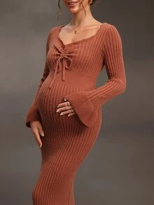 SHEIN Gaun Rajut Hamil dengan Tali Serut dan Ruffle di Bagian Depan, Cocok untuk Pemotretan Thanksgiving, Bisnis, Warna Cokelat, Musim Gugur, Kasual, dan Seksi - Burnt Orange - View 4