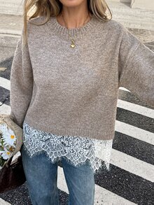 Serisse 落肩撞色蕾絲針織衫 辦公室早午餐穿搭 藍灰色 秋冬休閒優雅 秋季/冬季 正式商務時尚 返校穿搭 - 棕色 - 查看 3