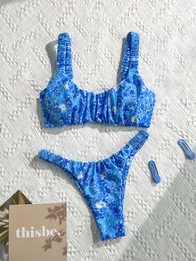 Swim Mod Conjunto de bikini sexy de talle alto con estampado aleatorio y plisado para mujer en verano - Multicolor - Ver 1