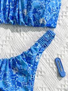 Swim Mod Conjunto de bikini sexy de talle alto con estampado aleatorio y plisado para mujer en verano - Multicolor - Ver 5