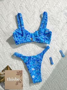 Swim Mod Conjunto de bikini sexy de talle alto con estampado aleatorio y plisado para mujer en verano - Multicolor - Ver 2