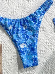 Swim Mod Conjunto de bikini sexy de talle alto con estampado aleatorio y plisado para mujer en verano - Multicolor - Ver 4
