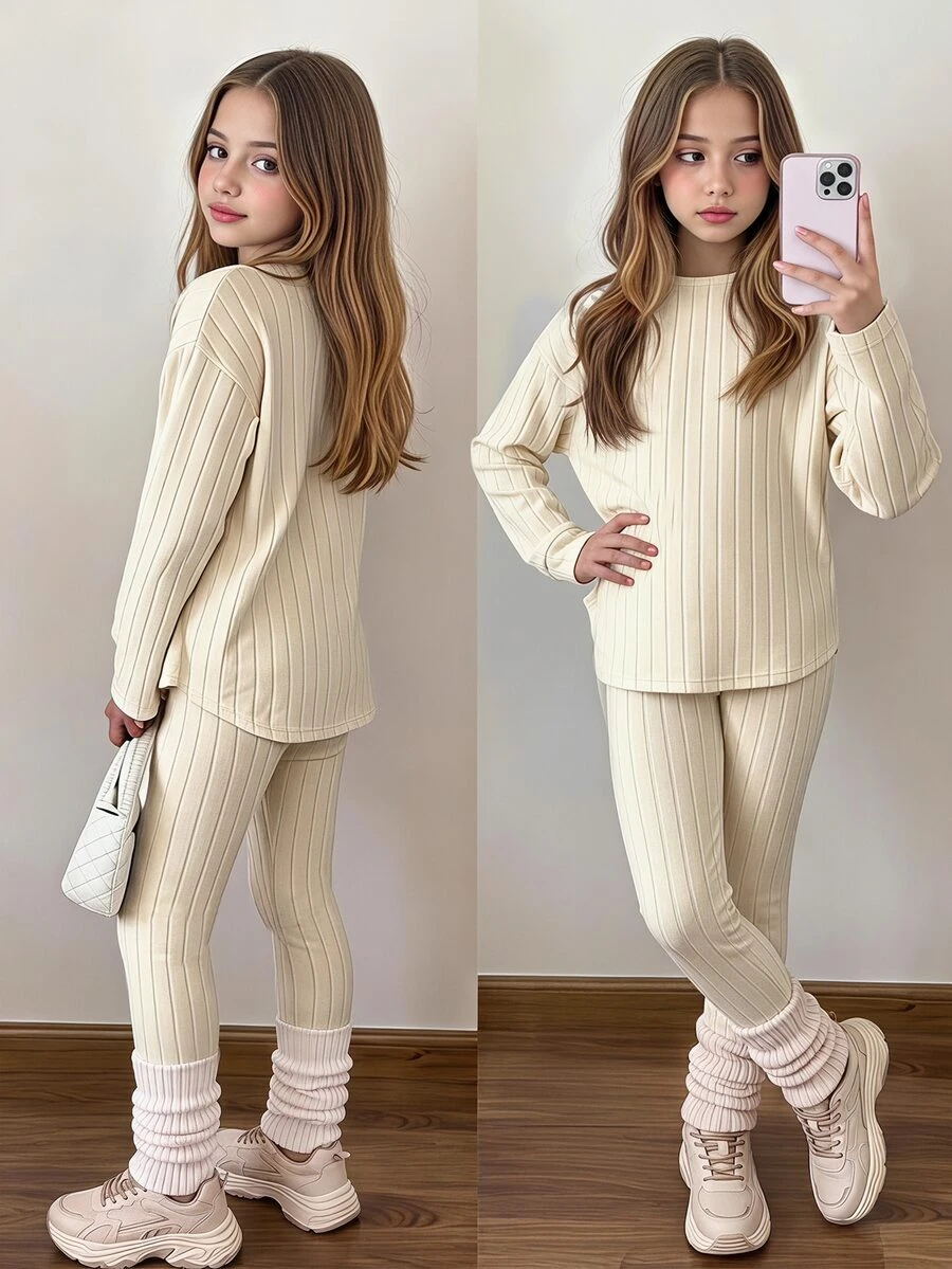 SHEIN Elladie kids ملابس خريفية للفتيات المراهقات، طقم من قطعتين بتصميم بسيط ومضلع باللون الشوفان الدافئ والمشمش الفاتح، ملابس عطلات، كاجوال - لون مشمشي - مشاهدة 1