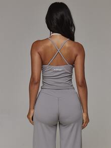 Musera Sport Contrast Colour Double Layered Logo Back Fitted Soft Touch Active Cami Top Sport Essentials Basics Gym Workout Autumn Fall Winter - Dark Grey - View 5