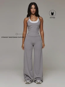 Musera Sport Contrast Colour Double Layered Logo Back Fitted Soft Touch Active Cami Top Sport Essentials Basics Gym Workout Autumn Fall Winter - Dark Grey - View 1