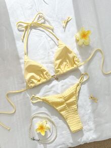 SHEIN Swim 女士夏季纯色奶油黄色提花面料星星装饰吊带比基尼套装 - 黃色 - 查看 2