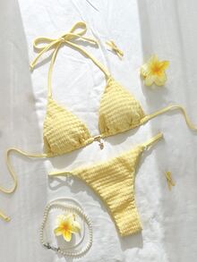 SHEIN Swim 女士夏季纯色奶油黄色提花面料星星装饰吊带比基尼套装 - 黃色 - 查看 3