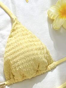 SHEIN Swim 女士夏季纯色奶油黄色提花面料星星装饰吊带比基尼套装 - 黃色 - 查看 6