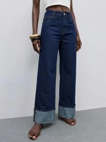 Maija Celana Jeans Wanita Kasual Serbaguna Kaki Lurus dengan Desain Patch, Outfit Modis Musim Gugur dan Dingin untuk Wanita, Celana Jeans Kaki Lurus, Bahan Denim Katun Stretch - Biru - View 5