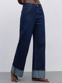 Maija Celana Jeans Wanita Kasual Serbaguna Kaki Lurus dengan Desain Patch, Outfit Modis Musim Gugur dan Dingin untuk Wanita, Celana Jeans Kaki Lurus, Bahan Denim Katun Stretch - Biru - View 4