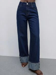 Maija Celana Jeans Wanita Kasual Serbaguna Kaki Lurus dengan Desain Patch, Outfit Modis Musim Gugur dan Dingin untuk Wanita, Celana Jeans Kaki Lurus, Bahan Denim Katun Stretch - Biru - View 6