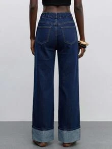 Maija Celana Jeans Wanita Kasual Serbaguna Kaki Lurus dengan Desain Patch, Outfit Modis Musim Gugur dan Dingin untuk Wanita, Celana Jeans Kaki Lurus, Bahan Denim Katun Stretch - Biru - View 3