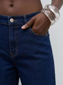 Maija Celana Jeans Wanita Kasual Serbaguna Kaki Lurus dengan Desain Patch, Outfit Modis Musim Gugur dan Dingin untuk Wanita, Celana Jeans Kaki Lurus, Bahan Denim Katun Stretch - Biru - View 8