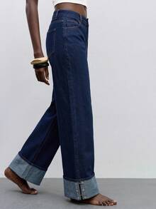Maija Celana Jeans Wanita Kasual Serbaguna Kaki Lurus dengan Desain Patch, Outfit Modis Musim Gugur dan Dingin untuk Wanita, Celana Jeans Kaki Lurus, Bahan Denim Katun Stretch - Biru - View 2