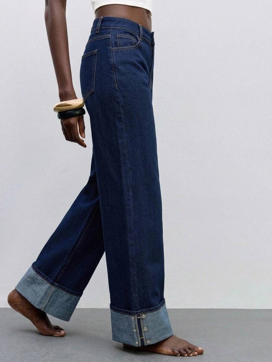 Maija Celana Jeans Wanita Kasual Serbaguna Kaki Lurus dengan Desain Patch, Outfit Modis Musim Gugur dan Dingin untuk Wanita, Celana Jeans Kaki Lurus, Bahan Denim Katun Stretch