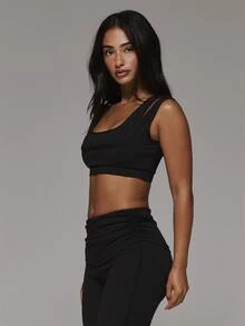 Musera Sport Double Layered Scoop Front Logo Back Sports Bra Sport Essentials Basics Gym Workout Autumn Fall Winter - Black - View 4