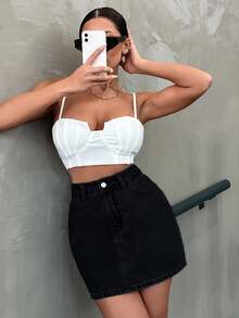 SHEIN Cottnline Solid Black Casual Alternative Baggy Traditional Denim Mini Skirt With Pockets Formal Going Out Brunch Summer Date Night - Black - View 5