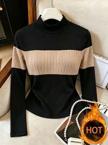 SHEIN Raffinéa Women's Elegant Casual Retro Commute Color‑Block Cable Long Sleeve Knit Tee,Fitted Cropped Casual Fall Layering Basic Tops Going Out Outfits For Women - Black - View 6