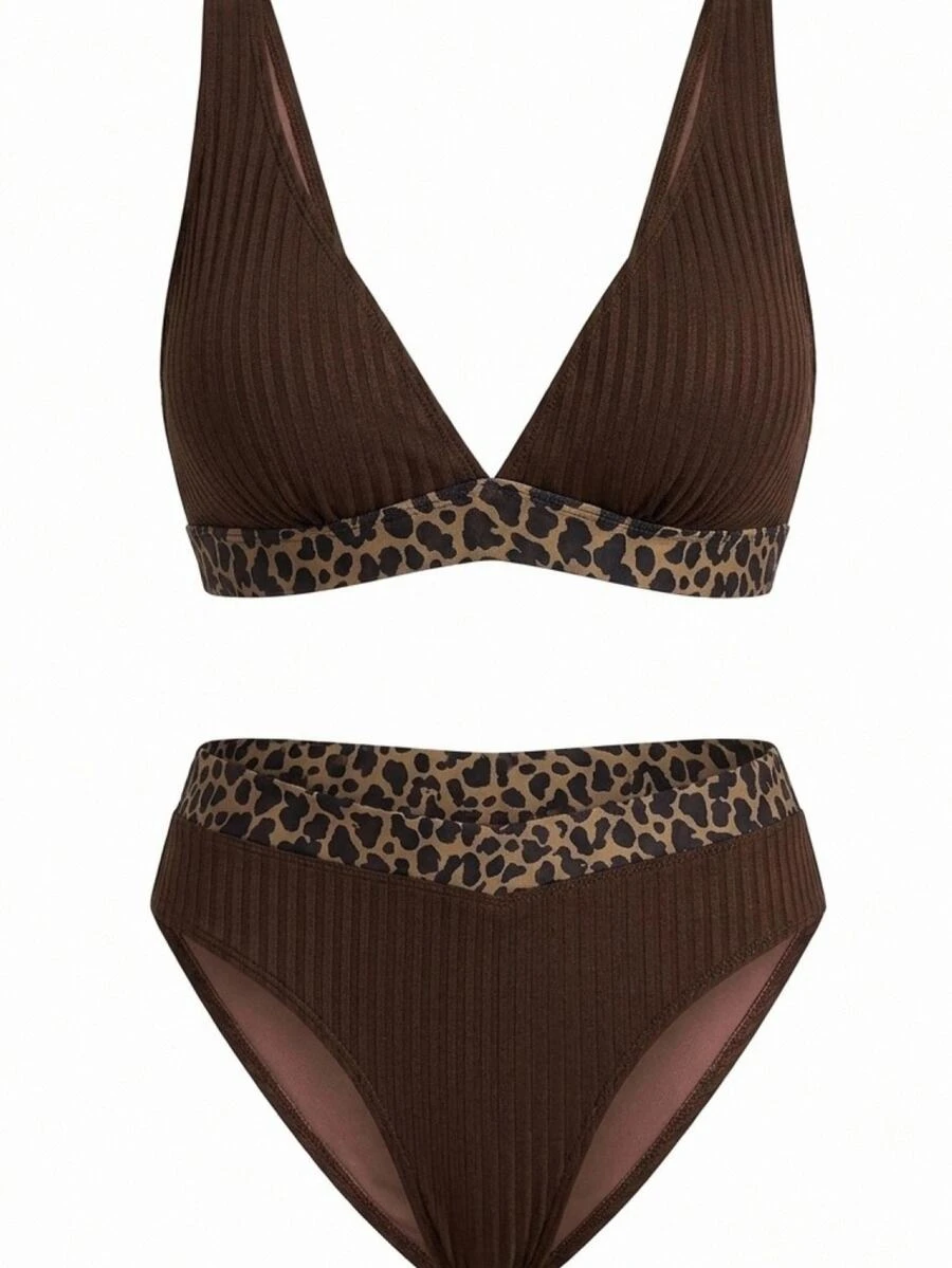 Swim Vcay Women's V-Neck Tank Top Textured Patchwork Leopard Print Bikini Set - Brown - View 1