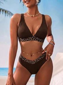 Swim Vcay 女款V領背心式紋理拼接豹紋比基尼套裝 - 棕色 - 查看 2