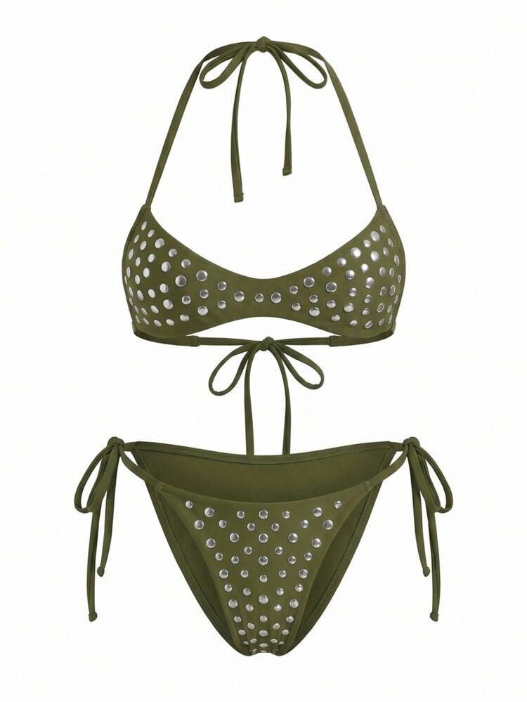 Oceva Women's Halter Neck Swimwear Top With Stud Decor - Army Green - View 3